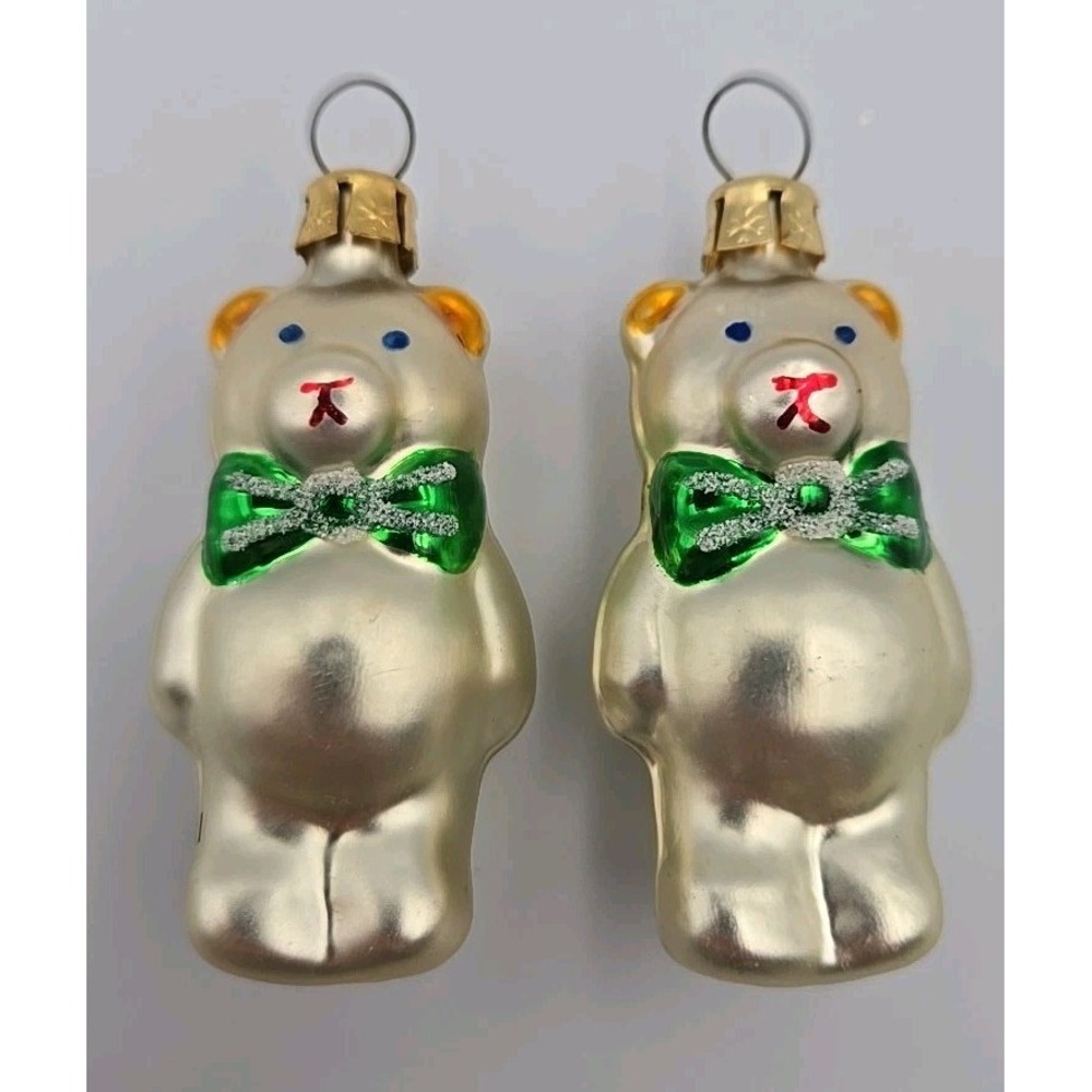 Vintage Blown Glass Teddy Bear Green Bow Tie Mini Christmas Ornament 2¼"